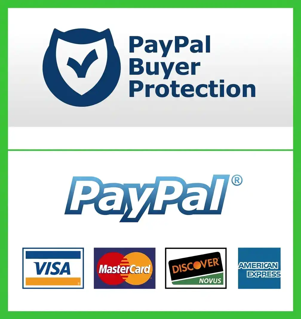 PayPal Buyer Protection badge with Visa, MasterCard, Discover, and American Express logos.